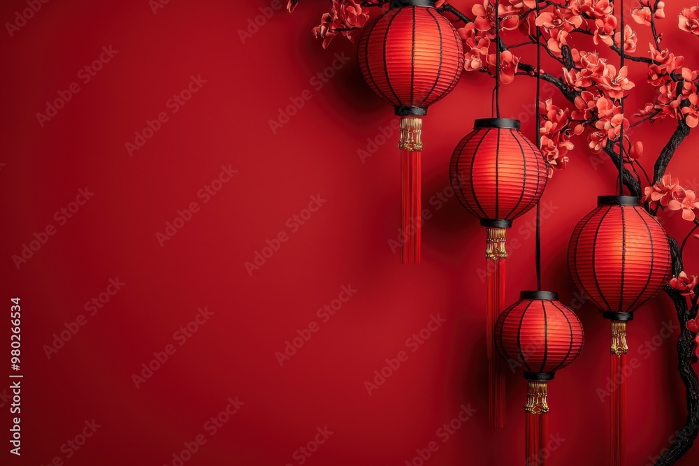Red Chinese Lanterns with Cherry Blossoms. Red Chinese Lanterns with Cherry Blossoms.