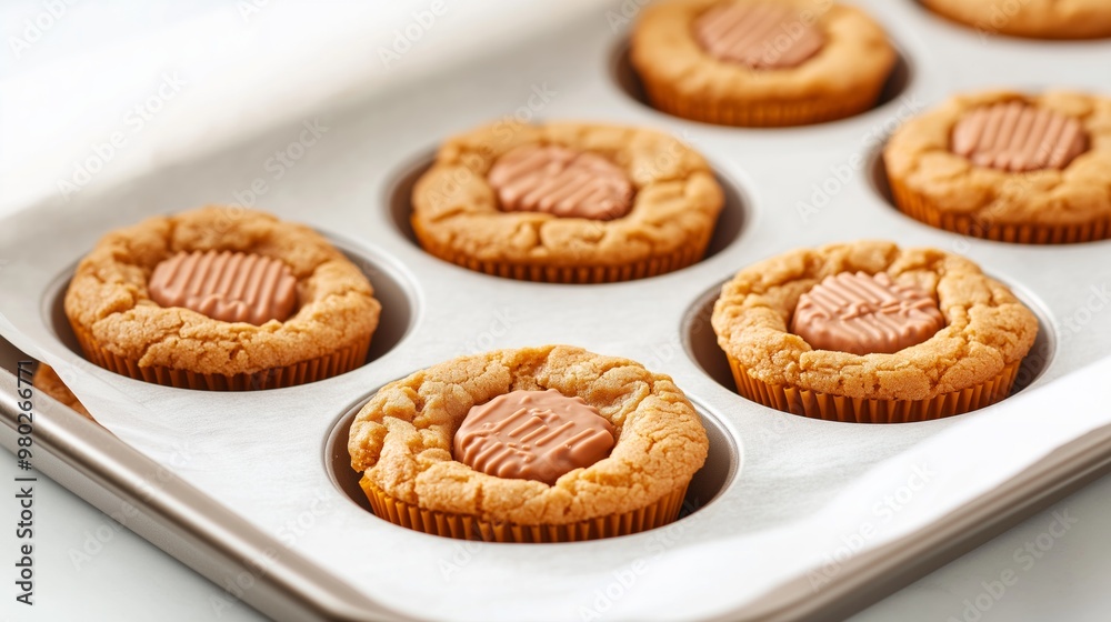 Freshly baked cookies with chocolate centers cooling on a baking tray in a warm kitchen background.