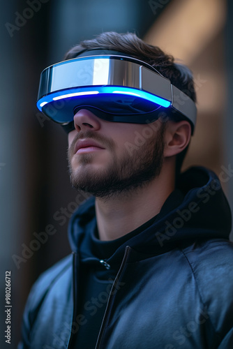 A man wearing VR glasses, VR Glass industrial design angular body frame