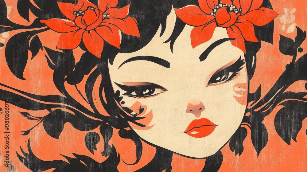 A vibrant illustration of a woman's face adorned with red flowers, showcasing artistic beauty against an orange backdrop. A vibrant illustration of a woman's face adorned with red flowers, showcasing artistic beauty against an orange backdrop.