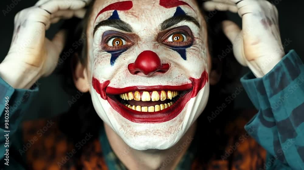 Sinister Clown with Smeared Face Paint, Curly Hair, and Menacing Grin, Featuring Sharp Eyes and Dark Cinematic Background
Sinister Clown with Smeared Face Paint, Curly Hair, and Menacing Grin, Featuring Sharp Eyes and Dark Cinematic Background