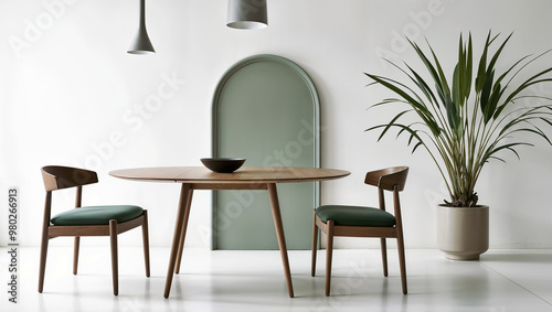 Minimalist Dining Space with Wooden Furniture and Indoor Plant