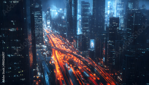 A bustling city at night, with skyscrapers illuminated and traffic creating streaks of light