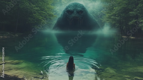 Giant lake monster confrontation in mystical forest - fantasy illustration for posters and prints photo