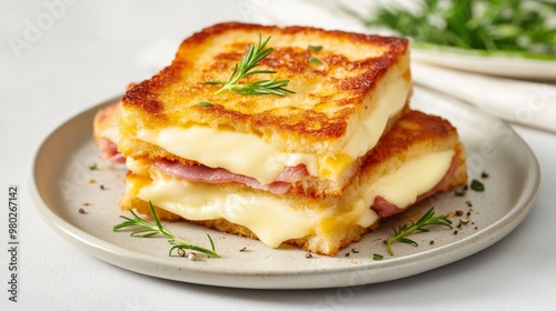 Deliciously toasted sandwich with melted cheese and ham served on a white plate garnished with herbs.