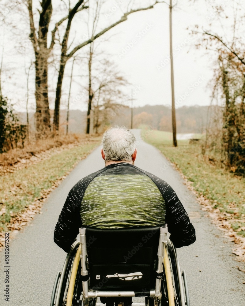 Obraz premium Active Disabled Adult in Wheelchair on Path Amidst Autumn Nature - Healthy Lifestyle