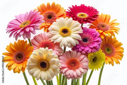 Vibrant gerbera daisies in a delightful color palette of pink, yellow, orange, and white, neatly arranged in a cut-out composition on a white background.