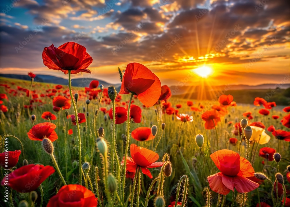 Fototapeta premium Vibrant red poppy flowers sway gently in a breathtaking landscape at sunset, basking in the warm golden light of the dipping sun on the horizon.