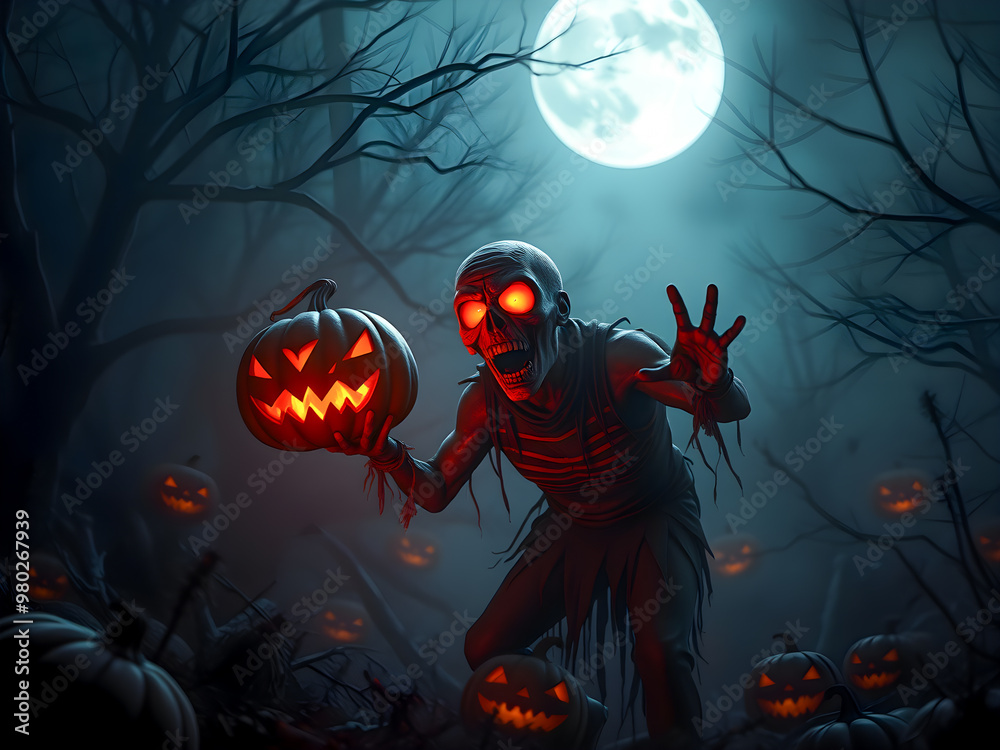 Scary zombie in the dark forest with pumpkins and full moon Scary zombie in the dark forest with pumpkins and full moon
