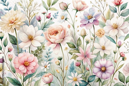 Delicate watercolor flowers in soft pastel hues bloom on a crisp white background, exuding elegance and serenity in this beautiful, hand-painted botanical illustration.