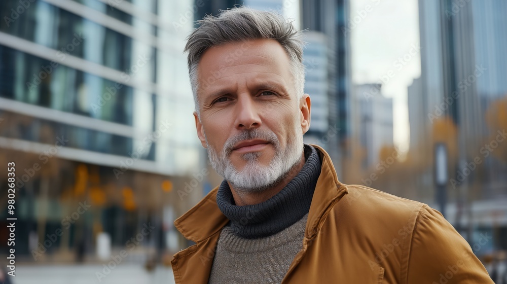 Modern urban autumn vibe: middle-aged man in stylish outerwear for city life concept Modern urban autumn vibe: middle-aged man in stylish outerwear for city life concept