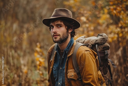 man with hat in nature brown clothes, adventures orgues with generative ai photo