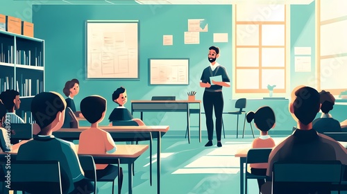 Illustration of a 2D background showing a teacher and students in a classroom with educational tools, hyper-real, sharp images, high quality