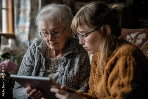 A senior woman learning to use a tablet with the help of a younger instructor, both focused on the screen in a comfortable home environment photo