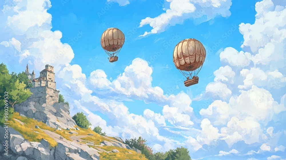 Fototapeta premium Two vintage hot air balloons soar through a bright blue sky filled with fluffy clouds, enhancing the scenic beauty of the landscape.