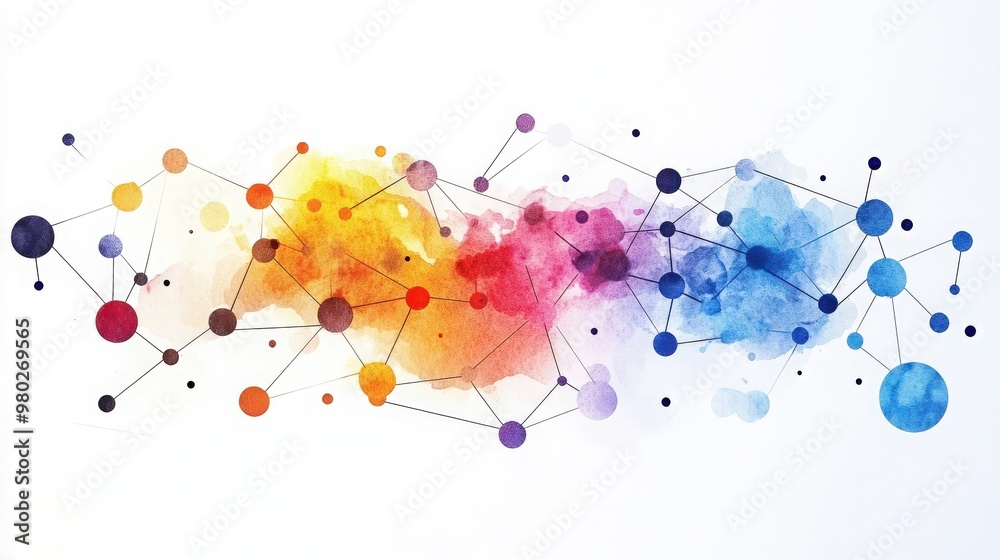 Fototapeta premium Vibrant abstract watercolor artwork featuring colorful splashes and connected dots, perfect for modern design applications.