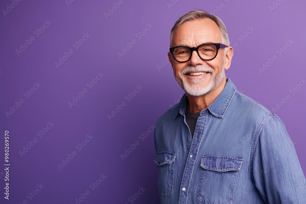 Senior man in casual attire, smiling gently, standing against a solid purple background with space for additional text Senior man in casual attire, smiling gently, standing against a solid purple background with space for additional text