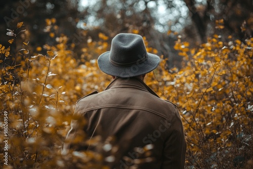 man with hat in nature brown clothes, adventures orgues with generative ai photo