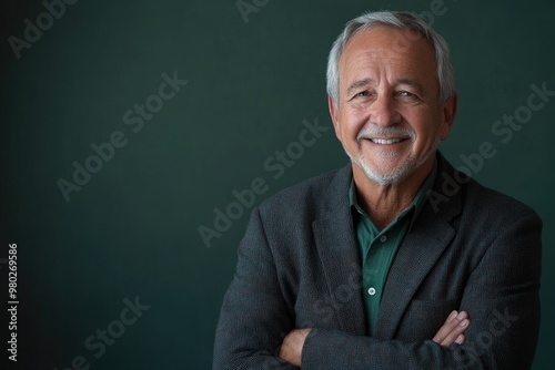 Senior male presenter, hands clasped, smiling softly, with a solid dark green background and plenty of room for text