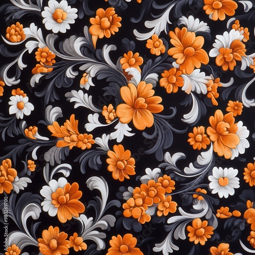 Vibrant floral pattern featuring orange and white flowers on a black background, perfect for design projects and textiles.