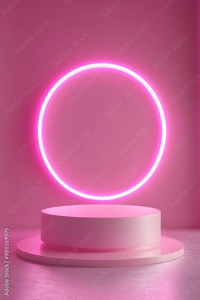 Empty double podium with round neon sign illuminating in pink background for modern design Empty double podium with round neon sign illuminating in pink background for modern design