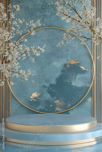 Blue and golden podium with vintage floral abstract textured background for luxury and elegant design photo