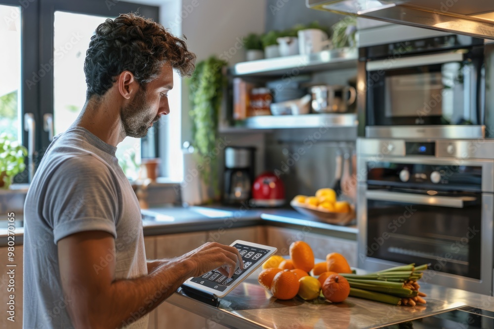 Man adjusting smart home settings through a tablet while working in the kitchen, integrating AI technology into everyday life Man adjusting smart home settings through a tablet while working in the kitchen, integrating AI technology into everyday life