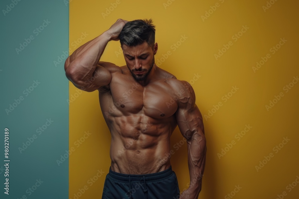 Fototapeta premium Muscular man exuding strength and mental sharpness, solid color background perfect for gym marketing that emphasizes the connection between body and mind
