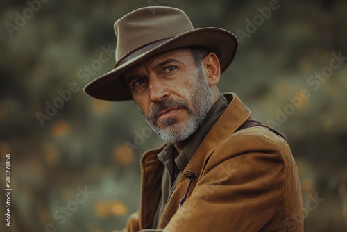 man with hat in nature brown clothes, adventures orgues with generative ai