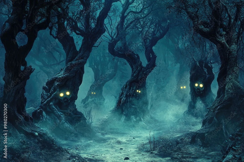 Obraz premium A spooky flyer idea showcasing a haunted forest with twisted trees, glowing eyes in the darkness, and an eerie mist on the ground
