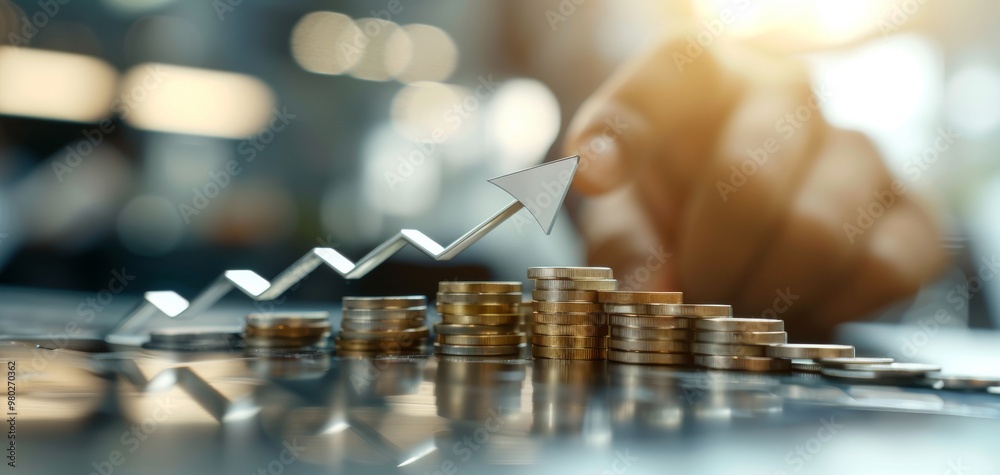 A hand placing coins stacked in an ascending order, symbolizing financial growth and investment strategy in a modern setting. A hand placing coins stacked in an ascending order, symbolizing financial growth and investment strategy in a modern setting.