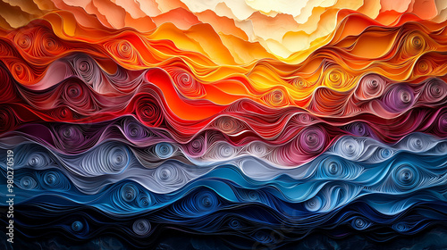 paper art , warm light，Ultra-realistic abstract art background, hyper-realistic details, intricate textures, rich colors, and dynamic shapes, creating a vivid and immersive abstract experience