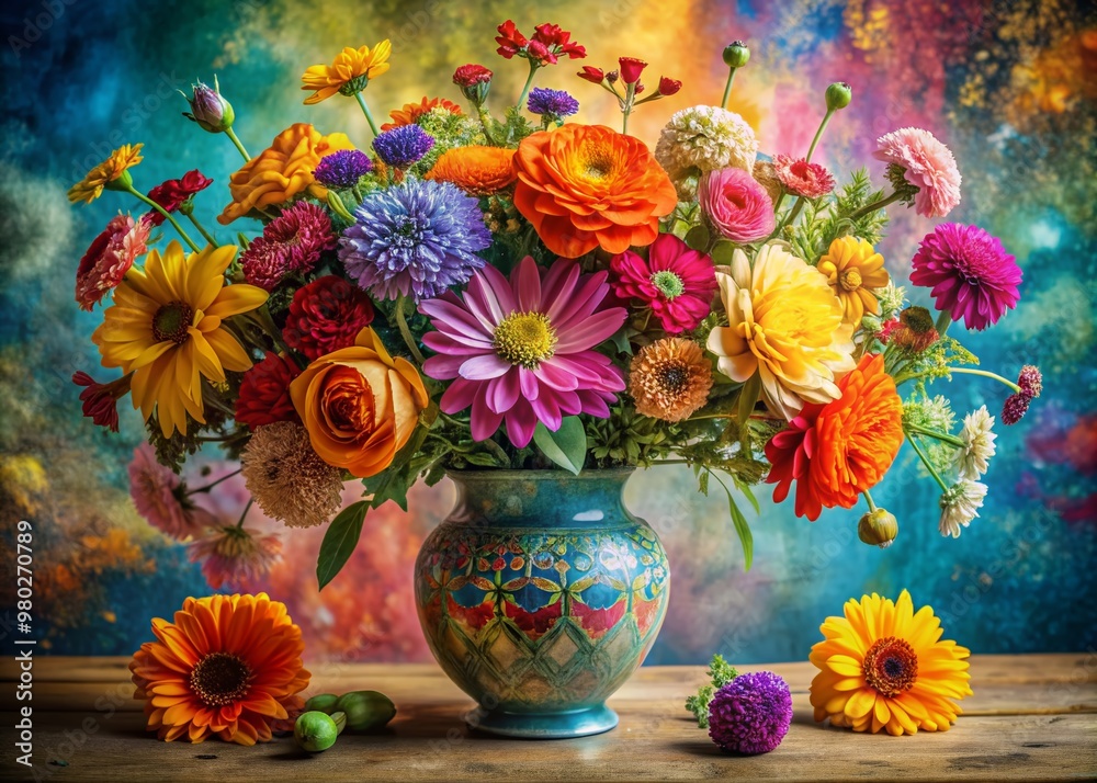 Vibrant vase overflowing with diverse colorful flowers creates kaleidoscope effect against soft background, showcasing intricate textures and radiant hues in stunning still life composition. Vibrant vase overflowing with diverse colorful flowers creates kaleidoscope effect against soft background, showcasing intricate textures and radiant hues in stunning still life composition.