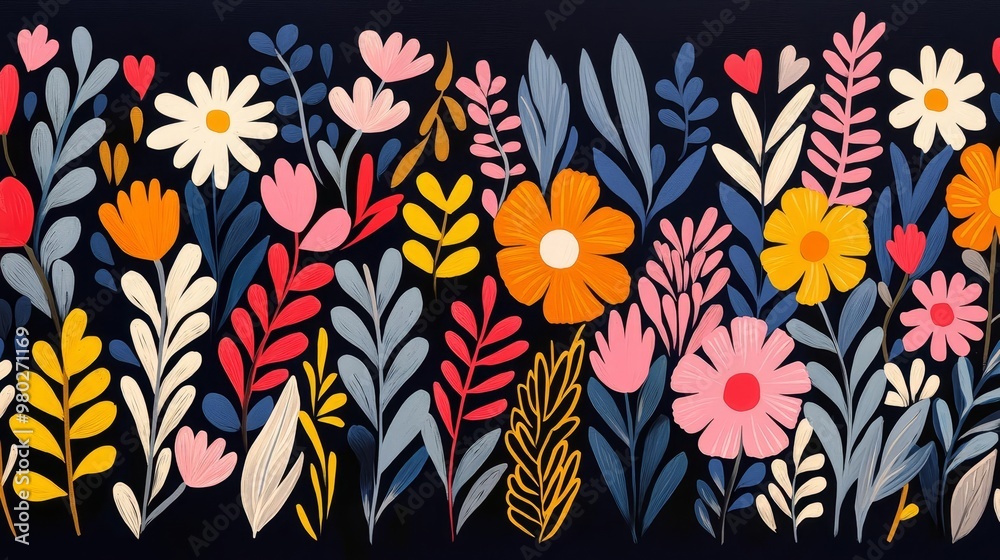 A vibrant floral illustration featuring colorful flowers and leafy designs against a dark background, perfect for decoration.