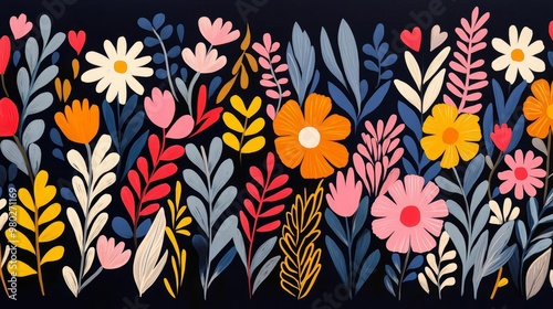 Obraz na płótnie A vibrant floral illustration featuring colorful flowers and leafy designs against a dark background, perfect for decoration. w salonie