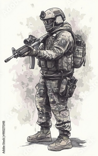 A detailed illustration of a soldier in tactical gear holding a rifle, showcasing military readiness and discipline.