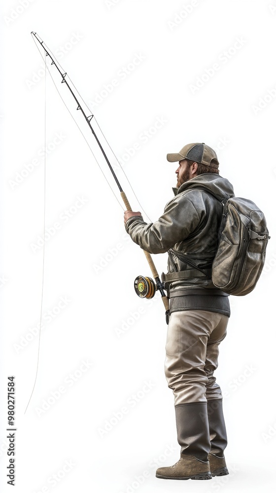 A focused fisherman casting his line into the water, ready for an outdoor adventure with his gear and backpack. A focused fisherman casting his line into the water, ready for an outdoor adventure with his gear and backpack.