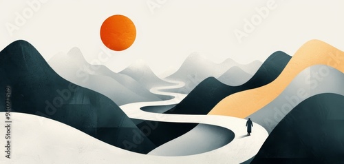 A serene landscape featuring a winding path through mountains under a warm sun, evoking peace and exploration.