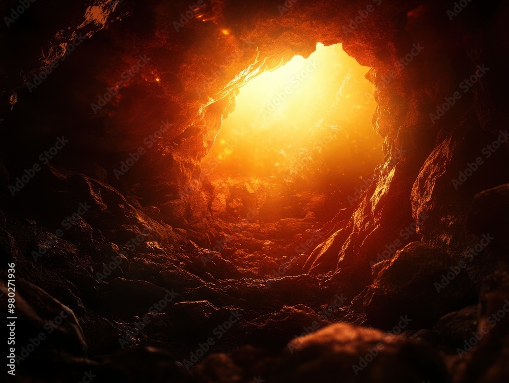 A mesmerizing view from within a cave, showcasing the warm glow of light filtering through rocky formations. A mesmerizing view from within a cave, showcasing the warm glow of light filtering through rocky formations.