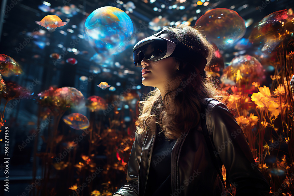 generated illustration of Young woman with a MR headset and experiencing virtual reality generated illustration of Young woman with a MR headset and experiencing virtual reality