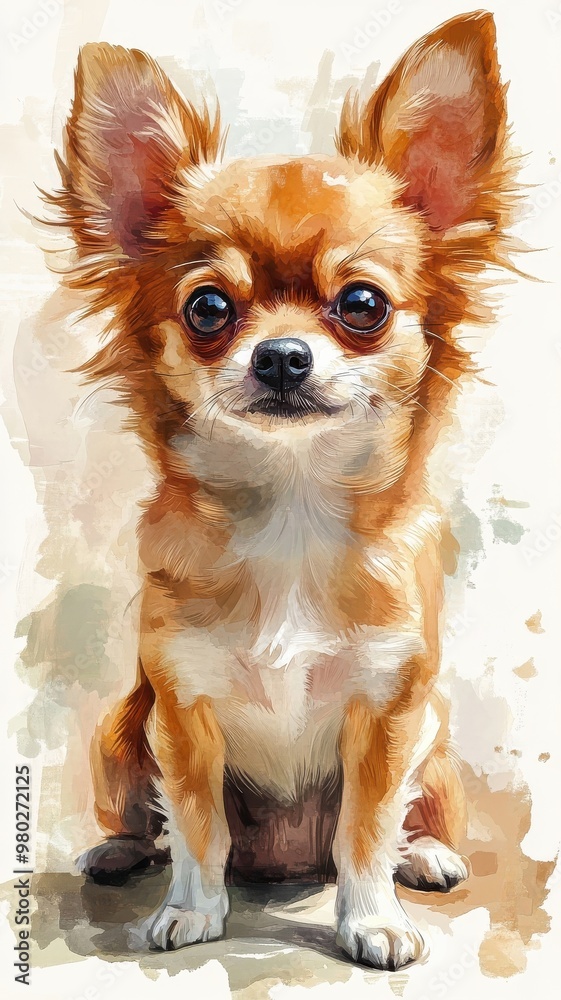 Chihuahua illustrated in watercolor style, with delicate, blended colors capturing its petite and lively personality. Chihuahua illustrated in watercolor style, with delicate, blended colors capturing its petite and lively personality.