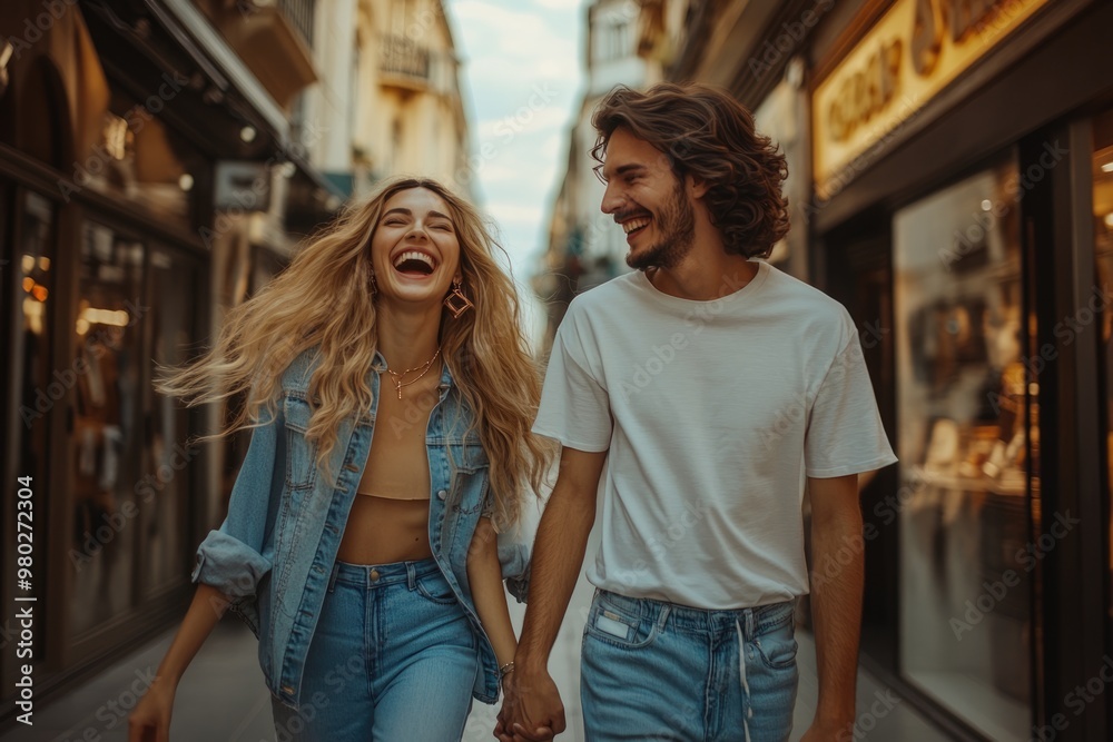 High-resolution brightly lit photorealistic candid photograph of a young couple laughing as they walk hand in hand down a city street, their chic fashion choices adding to the vibrant atmosphere. The High-resolution brightly lit photorealistic candid photograph of a young couple laughing as they walk hand in hand down a city street, their chic fashion choices adding to the vibrant atmosphere. The