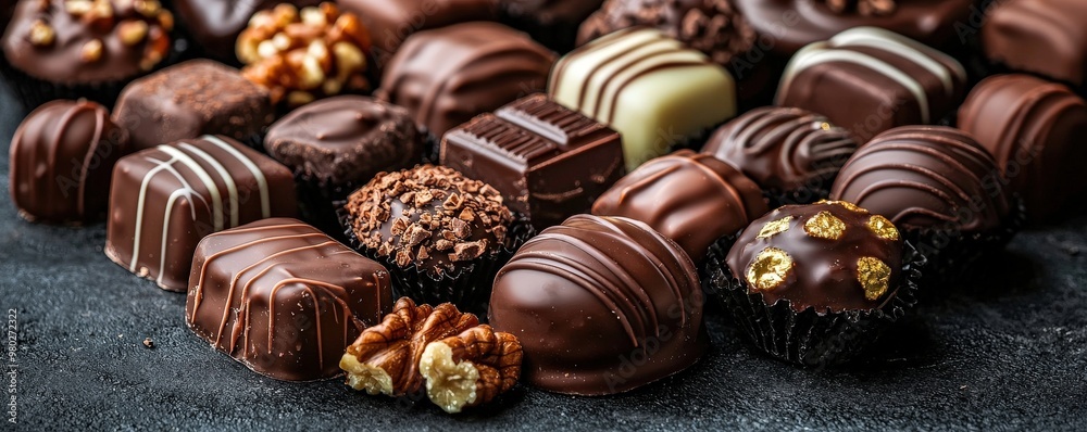 Close-up of a rich collection of chocolate pralines on a deep, dark background, each piece featuring a glossy, reflective finish and adorned with delicate toppings like crushed nuts and gold accents,