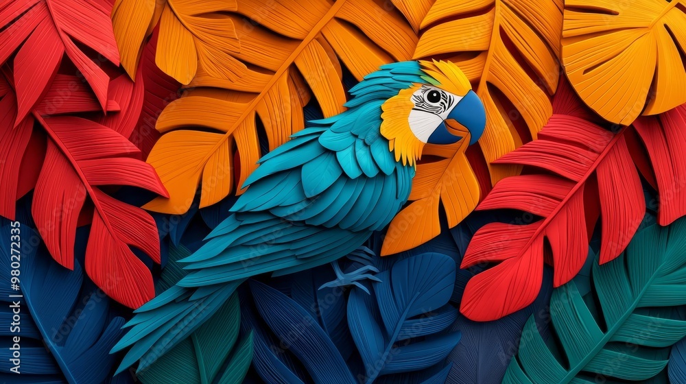 Fototapeta premium Vibrant paper cutout parrot among colorful leaves, showcasing a creative and artistic design perfect for nature lovers.
