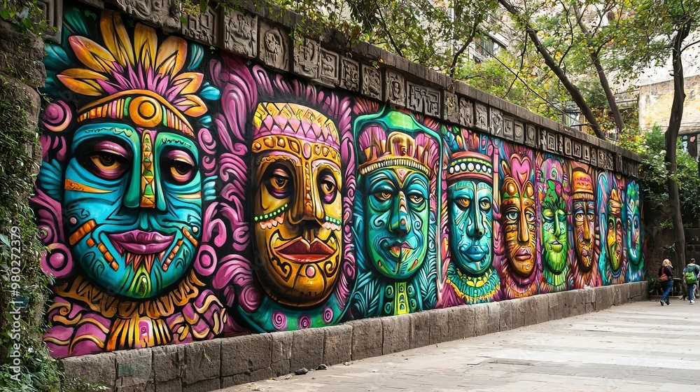 Fototapeta premium Vibrant street art mural featuring colorful masks and faces in a lush outdoor setting, showcasing creativity and cultural expression.