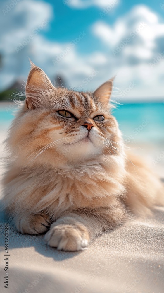 Persian cat lounging on a serene beach, its fluffy fur flowing in the ocean breeze as it relaxes on the warm sand. Persian cat lounging on a serene beach, its fluffy fur flowing in the ocean breeze as it relaxes on the warm sand.