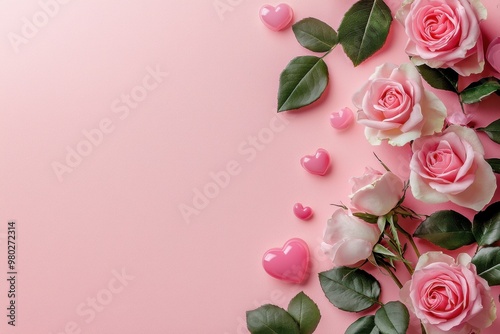 Fototapeta Naklejka Na Ścianę i Meble -  Pink roses and hearts on pink background.