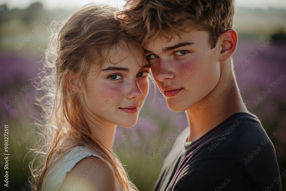 High-resolution brightly lit photorealistic candid photograph of a young couple standing close in a lavender field, their expressions filled with love and happiness. The image is styled like a High-resolution brightly lit photorealistic candid photograph of a young couple standing close in a lavender field, their expressions filled with love and happiness. The image is styled like a