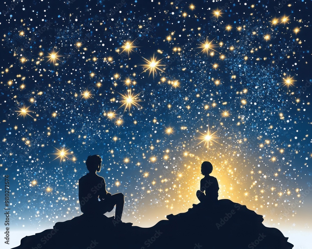 A serene silhouette of a person and a child observing a starry night sky, evoking wonder and connection to the universe.