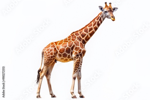 Isolated giraffe stands tall with neck stretched, majestic face, and gentle eyes, set against a transparent white background, perfect for creative designs.